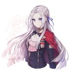  blonde_hair blue_eyes blue_ribbon cape closed_mouth commentary_request cravat edelgard_von_hresvelgr_(fire_emblem) fire_emblem fire_emblem:_fuukasetsugetsu hair_ribbon long_hair red_cape ribbon simple_background smile solo srb7606 uniform upper_body white_background 