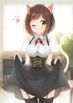  animal_ears bangs black_legwear black_skirt blush breasts brown_hair buttons cat_ears cat_tail closed_mouth collared_shirt commentary_request eyes_visible_through_hair garter_straps green_eyes highres idolmaster idolmaster_cinderella_girls indoors kibihimi lifted_by_self looking_at_viewer maekawa_miku plant potted_plant shirt short_hair short_sleeves skirt skirt_hold smile solo tail thighhighs white_shirt window wrist_cuffs 