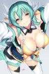  bangs bare_shoulders bikini blush bow breasts cleavage closed_mouth detached_collar dragon_girl dragon_horns fate/grand_order fate_(series) green_hair hair_between_eyes hair_bow highres horns japanese_clothes kimono kiyohime_(fate/grand_order) kiyohime_(swimsuit_lancer)_(fate) large_breasts long_hair looking_at_viewer nebusoku obi open_clothes open_kimono sash sidelocks slit_pupils smile solo swimsuit thighs white_kimono white_legwear yellow_bikini yellow_bow yellow_eyes 