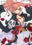 amputee baiken black_eyepatch black_jacket black_kimono breasts cleavage eyepatch facial_tattoo flower forehead gold_trim grin guilty_gear guilty_gear_xrd jacket jacket_on_shoulders japanese_clothes kataginu katana kimono large_breasts lloule looking_at_viewer multicolored multicolored_clothes multicolored_kimono obi one-eyed open_clothes open_kimono petals pink_eyes pink_hair ponytail red_flower red_rose rose samurai sash scar scar_across_eye smile solo sword tassel tattoo v-shaped_eyebrows weapon white_kimono 