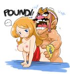  1boy 1girl ahegao arm_support ass ass_grab blue_eyes blush breasts brown_hair commentary doggystyle english facial_hair fingerless_gloves gameplay_mechanics gloves helmet hetero highres large_breasts long_hair mona_(warioware) mustache nipples nude open_mouth orange_hair robojanai sex single_letter smile spoken_ellipsis sweat tongue toon topless ugly_man wario warioware 