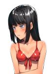  :i bare_shoulders bikini black_hair blue_bikini blue_eyes blush breasts cleavage closed_mouth commentary_request embarrassed eyebrows_visible_through_hair h_kasei long_hair looking_away medium_breasts original pout red_ribbon ribbon simple_background solo swimsuit upper_body white_background 