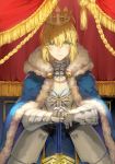  ahoge armor armored_dress artoria_pendragon_(all) bangs blonde_hair blue_coat closed_mouth coat commentary_request crown expressionless eyebrows_visible_through_hair eyes_visible_through_hair fate/grand_order fate_(series) fur-trimmed_coat fur_trim gauntlets gold_trim green_eyes hands_together highres holding holding_sword holding_weapon indoors looking_at_viewer saber saihate_(d3) solo standing sword weapon 