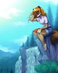  abluedeer aleutia anthro blue_eyes cliff clothed clothing cloud day dipstick_tail female forest hair hand_in_hair hand_on_knee long-tailed_weasel long_hair looking_down mammal mountain multicolored_tail mustelid outside sitting sky solo stone tree water waterfall weasel 