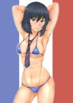  abs andou_(girls_und_panzer) armpits bikini blue_bikini blush breasts french_flag girls_und_panzer green_eyes groin highres large_breasts looking_at_viewer navel rx78gozira short_hair simple_background smile solo swimsuit swimwear tan 