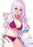  :d bangs bikini blush breasts cleavage collarbone commentary_request cu-no dress eyebrows_visible_through_hair fingernails groin hair_between_eyes hand_up hisenkaede holding holding_spoon jewelry kooribata large_breasts long_hair long_sleeves looking_at_viewer navel open_mouth pendant pink_hair purple_bikini purple_eyes shaved_ice side-tie_bikini sidelocks simple_background single_hair_intake smile solo spoon swimsuit white_background white_dress wide_sleeves yayoi_sakura 