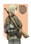  absurdres blonde_hair blush bolt_action brown_eyes camouflage canteen commentary english_commentary gun highres mauser_98 military military_uniform millimeter original ponytail rifle soldier solo uniform weapon world_war_ii 