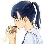  bangs black_eyes blue_hair class commentary_request cup dated drinking drinking_glass eyebrows_visible_through_hair from_side highres holding holding_cup original ponytail sailor_collar sako_(user_ndpz5754) school_uniform serafuku shirt signature solo sweat upper_body white_sailor_collar white_shirt 