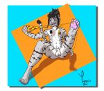  2018 4_toes 5_fingers android animal_genitalia animal_penis anthro anus balls black_hair blue_eyes cheese claws feline food hair machine male mammal navel nipples pawpads paws penis pink_nose pizza pubes raised_leg robot sheath signature sitting smile solo spread_legs spreading stripes teeth tiger toes tygar_tiger white_tiger 