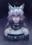  agrius_metamorphosis ahoge animal_ears atalanta_(alter)_(fate) atalanta_(fate) bare_shoulders belt_collar cat_ears closed_mouth commentary dark english_commentary fate/apocrypha fate_(series) gradient_hair green_eyes grey_hair hair_between_eyes highres idk-kun long_hair looking_at_viewer multicolored_hair purple_hair slit_pupils solo twitter_username upper_body 