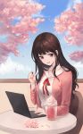  absurdres bangs brown_eyes brown_hair cardigan cherry_blossoms collarbone computer day eyebrows_visible_through_hair food highres holding holding_pen laptop long_hair neck_ribbon open_cardigan open_clothes original outdoors parted_lips pen pink_cardigan red_ribbon ribbon shirt sitting smile solly_(pixiv32099140) solo upper_body white_shirt 