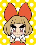  :3 bow brown_eyes brown_hair chibi child commentary_request eyebrows flat_color freckles gloves hair_bow hands_on_own_cheeks hands_on_own_face highres lulu_(warioware) malev polka_dot polka_dot_background short_hair smile solo thick_eyebrows v-shaped_eyebrows warioware 