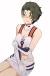  1boy ayanami_rei ayanami_rei_(cosplay) bangs bare_shoulders bracelet breasts brown_hair cleavage collar collarbone cosplay cowboy_shot darling_in_the_franxx elbow_gloves evangelion:_1.0_you_are_(not)_alone evangelion:_2.0_you_can_(not)_advance evangelion:_3.0_you_can_(not)_redo genderswap genderswap_(mtf) gloves green_eyes hand_on_own_arm hand_on_own_leg jewelry looking_at_viewer male_focus midriff mitsuru_(darling_in_the_franxx) navel neon_genesis_evangelion rebuild_of_evangelion shirtless short_hair skirt small_breasts solo stomach tank_top temodemo_nor thighs white_collar white_gloves white_skirt 