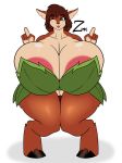  2018 absurd_res anthro areola big_breasts breasts brown_hair elora female hair hi_res huge_breasts looking_at_viewer one_eye_closed pussy satyr signature simple_background solo spyro_the_dragon thick_thighs tongue tongue_out video_games white_background wide_hips wink zeromccall 
