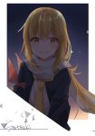  blonde_hair blue_jacket character_name closed_mouth commentary_request crescent crescent_moon_pin eyebrows_visible_through_hair jacket kantai_collection long_hair long_sleeves looking_at_viewer necktie night night_sky open_clothes open_jacket orange_eyes remodel_(kantai_collection) rinto_(rint_rnt) satsuki_(kantai_collection) scarf school_uniform serafuku shirt sidelocks sky smile solo star_(sky) starry_sky twintails white_scarf white_shirt yellow_neckwear 