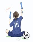  ball brown_hair commentary_request dated from_behind hands_up holding indian_style jersey original ponytail purple_shirt purple_shorts sako_(user_ndpz5754) shirt short_hair short_sleeves shorts signature simple_background sitting soccer soccer_ball soccer_uniform solo sportswear translation_request white_background 