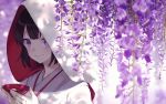  black_hair blurry blurry_foreground blush cup dappled_sunlight depth_of_field flower hands_up holding holding_cup hood japanese_clothes kimono kusaka_kou looking_at_viewer original purple_eyes sakazuki short_hair smile solo sunlight uchikake upper_body white_kimono wisteria 