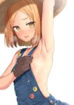  arm_up armpits badge bangs bare_arms blonde_hair body_mahattaya_ginga brown_gloves buttons commentary_request eyebrows_visible_through_hair fate/grand_order fate_(series) flat_chest gloves hat heavy_breathing looking_at_viewer naked_overalls open_mouth overalls parted_bangs paul_bunyan_(fate/grand_order) shiny shiny_skin short_hair simple_background solo straw_hat sweat white_background yellow_eyes 