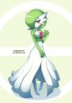  amber_eyes blush blush_stickers breasts female full_body gardevoir green_hair hair hair_over_eye half-closed_eyes hand_up hi_res nintendo not_furry pok&eacute;mon pok&eacute;mon_(species) shiny_hair short_hair signature simplyseed solo standing video_games wavy_mouth 