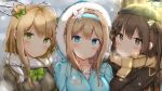  absurdres ahoge bachibachi_(tisen) bangs beanie blonde_hair blue_coat blue_eyes blush bow bowtie breasts brown_coat brown_eyes brown_hair closed_mouth clothes_writing coat collarbone commentary_request double_bun eyebrows_visible_through_hair fur-trimmed_coat fur_trim girls_frontline green_bow green_eyes hair_between_eyes hair_bow hair_ornament hairband hairclip hat highres hooded_coat k-2_(girls_frontline) light long_hair looking_at_viewer medium_breasts multiple_girls open_mouth rfb_(girls_frontline) scarf sidelocks smile snow snowflake_hair_ornament snowing suomi_kp31_(girls_frontline) tree upper_body white_scarf winter_clothes winter_coat 