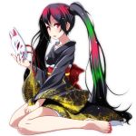  barefoot black_kimono eyebrows_visible_through_hair floating_hair fox_mask full_body hair_between_eyes hatsune_miku holding holding_mask japanese_clothes kimono long_hair looking_at_viewer mask multicolored_hair musunde_hiraite_rasetsu_to_mukuro_(vocaloid) nail_polish obi open_mouth print_kimono project_diva_(series) red_eyes red_nails sash sitting solo tsukishiro_saika twintails very_long_hair vocaloid wariza 