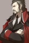  beard berezovich_kryuger_(girls_frontline) black_hair black_jacket black_neckwear coat collared_coat collared_shirt crossed_arms facial_hair fur-trimmed_coat fur_trim girls_frontline grey_background hair_slicked_back jacket jacket_on_shoulders looking_at_viewer luse_maonang male_focus military military_uniform mustache necktie red_coat red_eyes scar shirt simple_background solo uniform upper_body white_shirt wing_collar 
