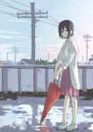  black_eyes blue_sky brown_hair coat grey_coat holding holding_umbrella long_sleeves looking_at_viewer open_clothes open_coat parted_lips pink_skirt pleated_skirt power_lines puddle red_umbrella shirt short_hair skirt sky solo standing telephone_pole umbrella umiroku white_footwear white_shirt 