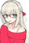  :p blonde_hair blue_eyes blush bra bra_strap commentary_request eyebrows_visible_through_hair hair_ribbon hand_up long_hair long_sleeves looking_at_viewer nekoume original red-framed_eyewear red_ribbon red_sweater ribbon semi-rimless_eyewear simple_background sleeves_past_wrists smile solo sweater tongue tongue_out under-rim_eyewear underwear white_background white_bra 