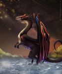  2018 amber_eyes ambiguous_gender detailed_background digital_media_(artwork) dragon feral membranous_wings night outside p-v-s sky solo star starry_sky water wings 