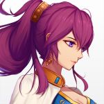  azalea_lott blue_eyes breasts cleavage dungeon_and_fighter earrings hair_between_eyes hair_ornament high_ponytail jewelry long_hair medium_breasts portrait purple_hair simple_background solo white_background yuuta_(806350354) 