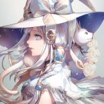  amg_(nwmnmllf) bad_id bad_twitter_id blue_eyes braid cat dress from_side grey_background grey_hair hair_tubes hat hat_ribbon long_hair original parted_lips profile ribbon signature solo white_dress white_hat white_ribbon witch_hat 