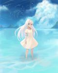  barefoot bird blue_eyes blue_sky closed_mouth cloud cloudy_sky condensation_trail day dress flock hair_intakes highres long_hair looking_at_viewer ocean original short_sleeves sky solo sookmo standing wading water white_dress white_hair 