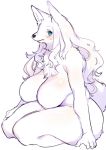  anthro big_breasts black_nose blue_eyes blush breasts canine digital_media_(artwork) featureless_breasts female fluffy fur hair inner_ear_fluff kishibe long_hair looking_at_viewer mammal nude simple_background sitting slightly_chubby solo sweat thick_thighs voluptuous white_background white_fur white_hair 