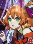  bow candy earrings food freyja_wion green_eyes hair_bow heart highres jewelry lipstick lollipop looking_at_viewer macross macross_delta makeup multicolored_hair nail_polish official_art orange_hair photo two-tone_hair 
