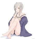 barefoot breasts cleavage commentary_request female_my_unit_(fire_emblem:_kakusei) fire_emblem fire_emblem:_kakusei grey_hair highres my_unit_(fire_emblem:_kakusei) niko_(aiai03012) parted_lips simple_background sitting solo twintails white_background 