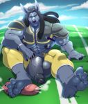  anthro balls big_balls big_penis canine clothed clothing cursedmarked dreadlocks flaccid hi_res huge_balls huge_penis humanoid_penis jackal looking_at_viewer male mammal muscular muscular_male outside pecs penis sitting smile solo uncut vein 