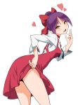  ass bangs blunt_bangs blush breasts choker dress dress_lift eyebrows_visible_through_hair gegege_no_kitarou haganemaru_kennosuke hair_bun heart jewelry lifted_by_self long_sleeves looking_at_viewer looking_back medium_breasts nekomusume nekomusume_(gegege_no_kitarou_6) open_mouth parted_bangs pendant pointy_ears purple_hair red_dress ribbon shirt short_hair simple_background solo white_background white_shirt yellow_eyes 