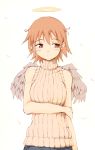  alternate_costume angel_wings brown_eyes brown_hair denim haibane_renmei halo highres jeans messy_hair pants rakka rei_oe ribbed_sweater short_hair sleeveless sleeveless_turtleneck solo static_cling sweater turtleneck turtleneck_sweater wings 