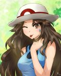  1girl artist_name bare_shoulders blue_(pokemon) blue_nails blue_shirt blush breasts brown_eyes brown_hair closed_mouth creatures_(company) eyebrows_visible_through_hair female fingernails game_freak green_background hand_up happy hat highres leaf looking_at_viewer matching_hair/eyes medium_breasts nail_polish nintendo one_eye_closed pokemon pokemon_(game) pokemon_frlg shirt signature simplyseed sleeveless sleeveless_shirt smile solo tongue tongue_out upper_body white_hat wink 