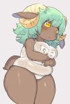  anthro blush breasts brown_fur caprine clothing digital_media_(artwork) female fur green_hair hair horizontal_pupils horn japanese_text kishibe long_hair mammal navel overweight overweight_female panties sheep shirt short_stack simple_background solo standing sweat text translation_request underwear yellow_eyes 