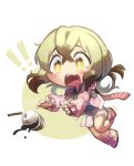  1girl blonde_hair bright_pupils chibi commentary d: english_commentary falling full_body highres jacket long_sleeves open_clothes open_jacket open_mouth original pink_jacket pleated_skirt sandals scarf shirt skirt solo spill tostantan watermark white_skirt yellow_eyes 