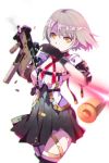  bullet_casing choker commentary girls_frontline gloves gun kaltoma kriss_vector looking_at_viewer necktie shell_casing short_hair silver_hair simple_background skirt solo submachine_gun vector_(girls_frontline) weapon 