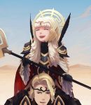  1girl armor black_armor black_gloves blonde_hair blue_sky cape carrying circlet closed_eyes commentary crown day fakewaffle fire_emblem fire_emblem_heroes fire_emblem_if gloves grey_hair hair_ornament happy highres holding holding_staff long_hair long_sleeves marks_(fire_emblem_if) open_mouth outdoors red_eyes short_hair shoulder_armor shoulder_carry sky staff veronica_(fire_emblem) 