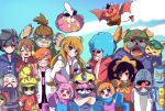  5-volt 9-volt afro ahoge ana_(warioware) ashley_(warioware) big_nose black_hair blue_hair blue_sky bow brown_eyes brown_hair cat clenched_hand closed_eyes cloud commentary_request demon dog dr._crygor dribble everyone fronk gloves goggles goggles_on_head grey_gloves grey_hair grin hair_bow hands_up helmet herunia_kokuoji heterochromia highres jimmy_t jimmy_thang kat long_hair looking_at_viewer lulu_(warioware) master_mantis mike_(warioware) mona_(warioware) orange_hair orbulon outdoors penny_crygor pink_bow pink_hair red_(warioware) red_eyes red_nose salute sky smile spitz standing sunglasses v wario warioware young_cricket 