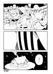  2girls 3koma 4boys ambiguous_gender armor comic crossed_arms crowd english_text helmet highres kingtime looking_at_another monochrome multiple_boys multiple_girls original sitting snowing standing sweat the_end_(phrase) translation_request trembling 