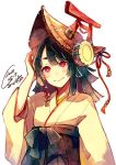  akagi_shun black_hair black_hakama bright_pupils commentary_request dated hakama hand_up hat japanese_clothes jewelry long_sleeves looking_at_viewer medium_hair original red_eyes signature simple_background single_earring smile solo tassel torii upper_body white_background wide_sleeves 