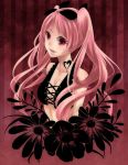  :d black_bow black_flower bow breasts cleavage collarbone cropped_torso floating_hair flower gamusan3a94 hair_bow heart long_hair looking_at_viewer medium_breasts open_mouth pink_hair red_background red_eyes shiki shimizu_megumi smile solo striped striped_background twintails very_long_hair 
