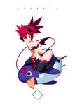  absurdres artist_name bat_wings black_gloves black_legwear commentary copyright_name demon_girl demon_tail disgaea disgaea_d2 earrings etna fathomcube flat_chest gloves hair_between_eyes highres jewelry looking_at_viewer mini_wings navel pointy_ears prinny red_eyes red_hair short_hair short_shorts shorts sitting sitting_on_person smile tail thighhighs twintails wariza white_background wings 