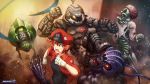  1girl ae-3803 artist_name blood brown_eyes cabbie_hat commentary crossover crying crying_with_eyes_open doom_(2016) doom_(game) doomguy draw-till-death english_commentary gloves hat hataraku_saibou helmet highres kicking monster power_armor punching red_blood_cell_(hataraku_saibou) red_hair running sharp_teeth skeleton tears teeth u-1146 wavy_mouth white_blood_cell_(hataraku_saibou) white_gloves 