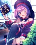  absurdres bangs bare_shoulders blush book buckle collar commentary dress eyebrows_visible_through_hair fate/grand_order fate_(series) grimoire helena_blavatsky_(fate/grand_order) highres holding holding_book leg_up long_sleeves one_eye_closed open_mouth purple_hair red_eyes short_dress sitting sleeves_past_wrists solo suisen-21 thighhighs 